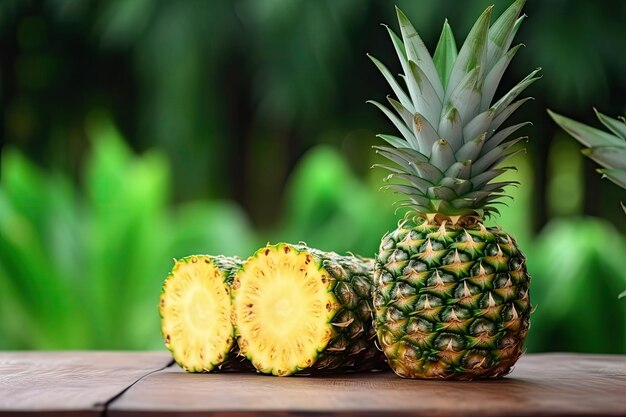 Piña con rodajas de piña sobre fondo de madera con fondo de naturaleza verde