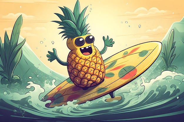 Una piña surfeando en una tabla de surf