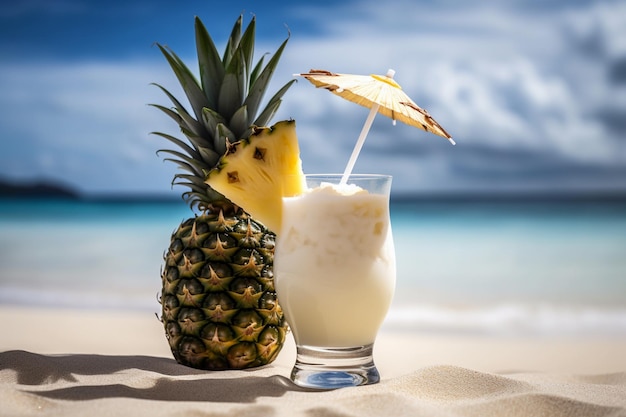 Una piña y un trago en la playa