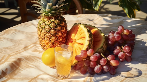 Piña uvas limón y un vaso de jugo en la mesa de madera hermoso día soleado ai generado