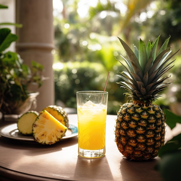 Una piña y un vaso de jugo se sientan en una mesa.