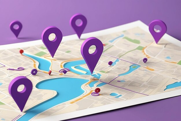 Pinar iconos de ubicación en el mapa de papel renderizado en 3D