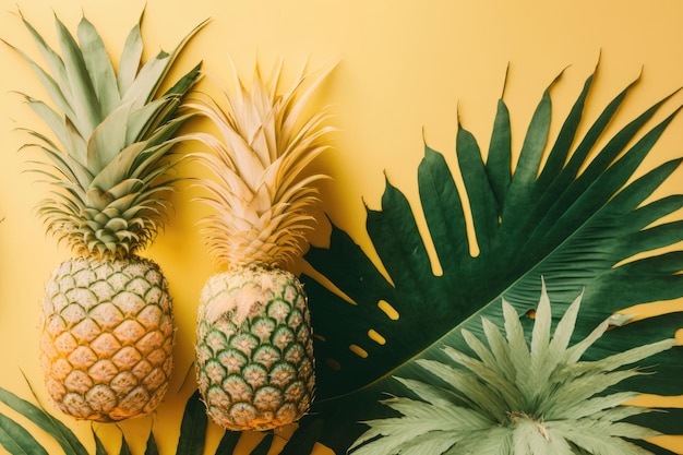 Piñas y hojas de palmeras tropicales en un pastel brillante Ilustración AI Generative