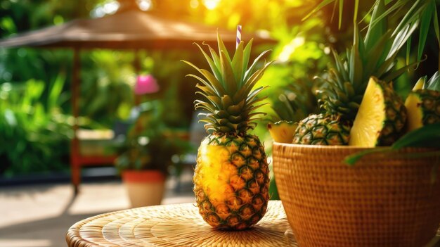 Piñas en una mesa en un jardín.