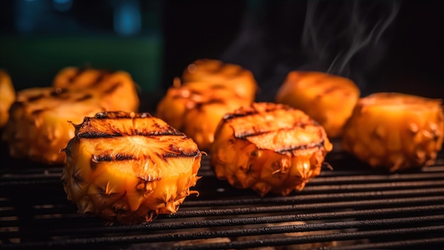 Piñas a la parrilla en una parrilla con humo saliendo de ellas