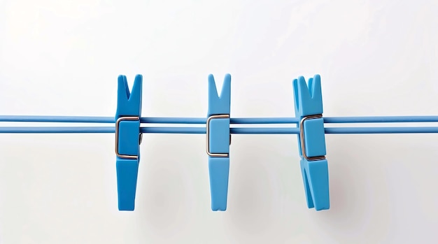 Foto pinças de roupa azuis em uma corda sobre um fundo branco