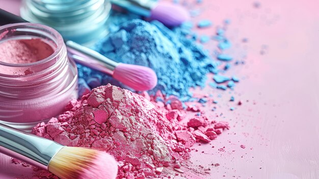 Pincéis cosméticos com pó de maquiagem rosa e azul