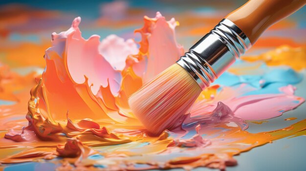 Pincel artístico toca pinturas al óleo en tonos rosados y naranjas en vista lateral de primer plano
