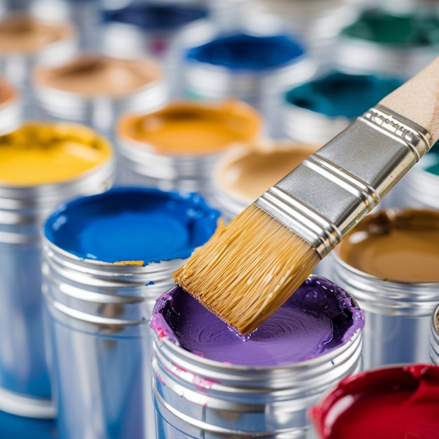 Pincel de cerca en latas de pintura vibrante herramientas artísticas y colores para las redes sociales