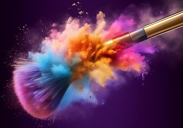 Pincel de maquiagem com explosão de pó de pó colorido Generative ai