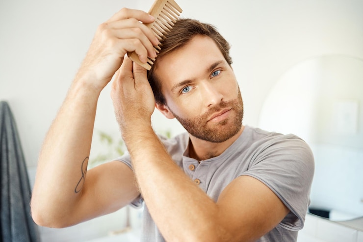 Foto pincel de retrato de banheiro e homem com textura de manutenção de cuidados com os cabelos, limpeza ou rotina de limpeza matinal rosto de casa de salão e pessoa com pente de bambu ecológico para tratamento de penteado saudável