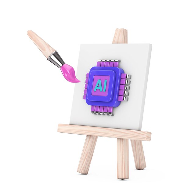 Foto pincel de dibujos animados con easel y procesador de cpu de microchip con ia icon 3d de renderización web