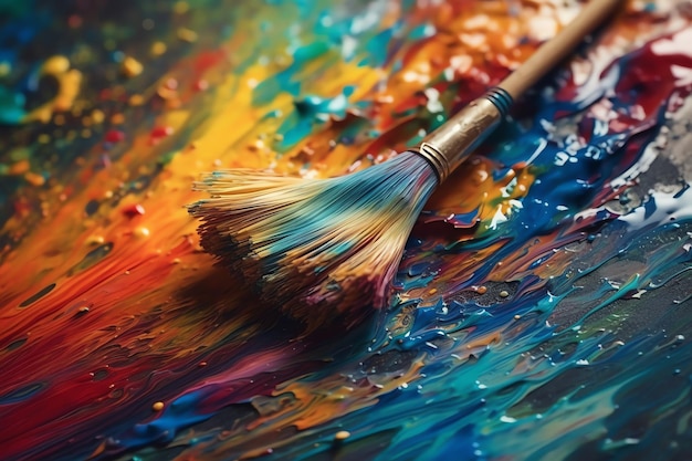 Pincel do pintor girando cores de tinta vibrantes em uma tela