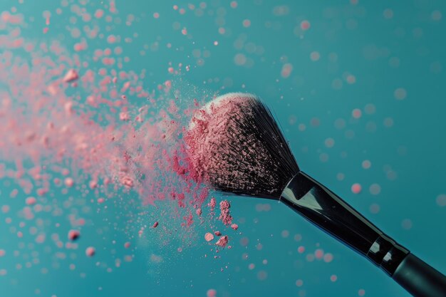 Foto pincel de maquillaje negro profesional con polvo rosado en movimiento sobre fondo azul