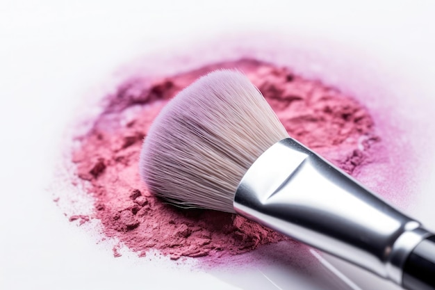 Pincel de maquillaje y polvo cosmético rosa sobre fondo blanco Ai generativo