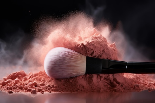 Pincel de maquillaje con polvo rosado en un fondo negro de primer plano