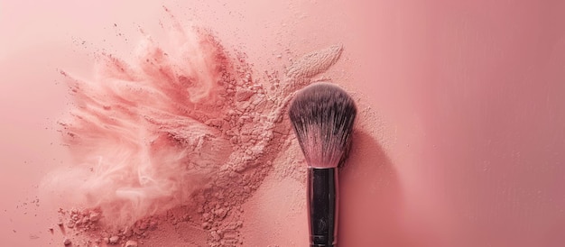Pincel de maquillaje en polvo sobre un fondo rosado