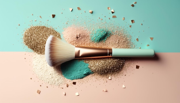 Pincel de maquillaje con productos de belleza glitter shimmer Generative ai