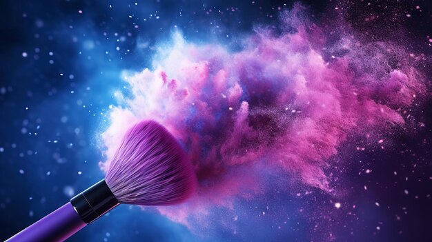 Un pincel de maquillaje suave libera polvo colorido en una nube expansiva de polvo Fondo negro IA generativa
