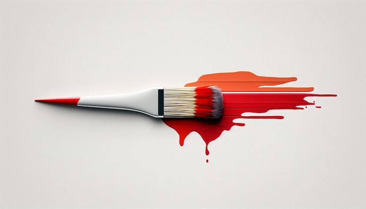 Un pincel con pintura roja y una mancha de pintura roja en el lateral.