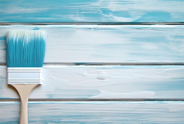 Pincel sobre un fondo de madera blanco y azul