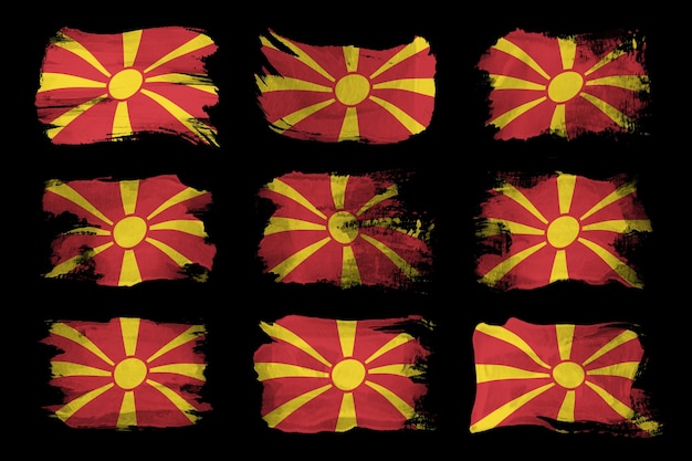 Pincelada de bandeira da Macedônia do Norte, bandeira nacional em fundo preto