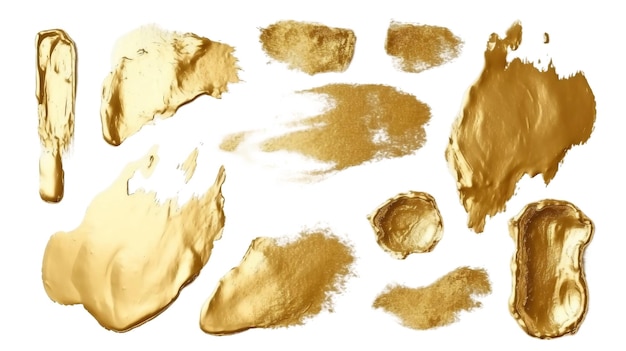 Pinceladas creativas de pintura dorada aisladas sobre un fondo blanco Textura de pintura dorada