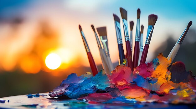 Pinceles de artistas en una paleta durante la puesta de sol