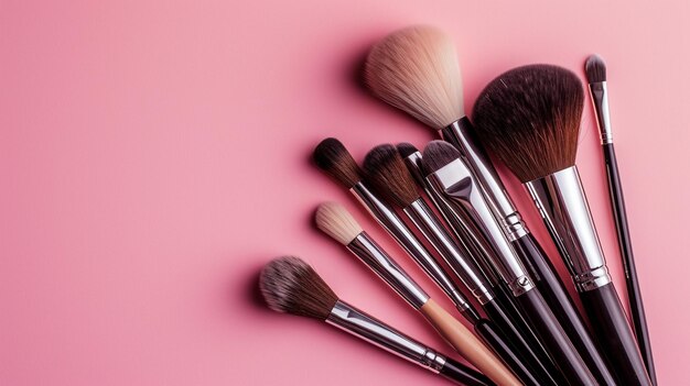 Pinceles compactos de belleza y cosméticos sobre un fondo rosado