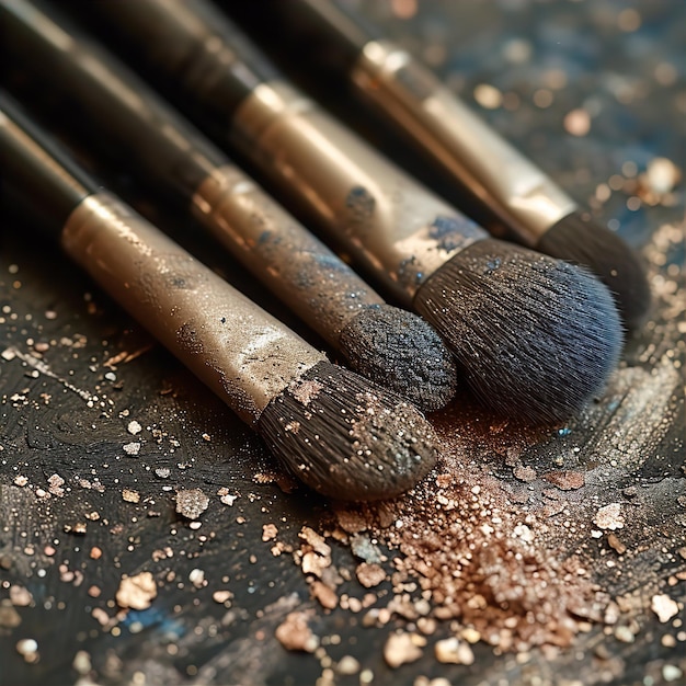 Pinceles de maquillaje negros con sombra de ojos de oro y bronce