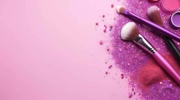 Pinceles de maquillaje con purpurina sobre un fondo rosa.