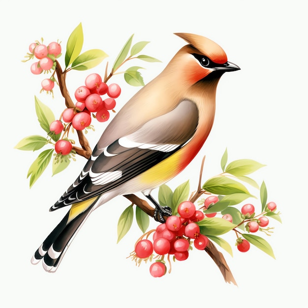 El pinchazo de la ilustración en acuarela de un pájaro con alas de cera de cedro