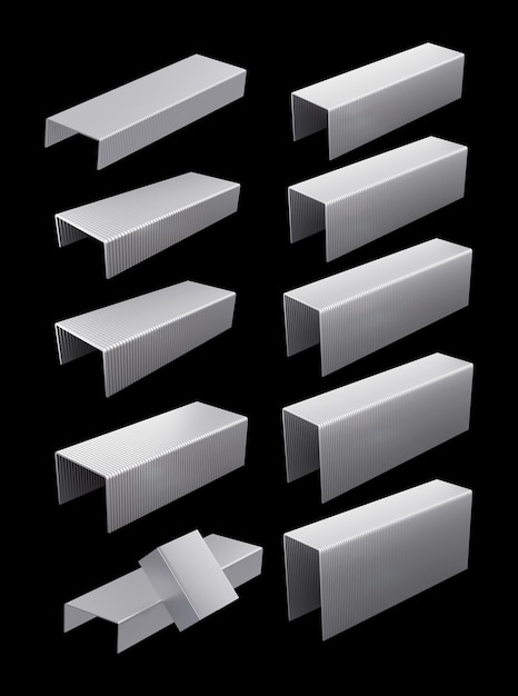 Pines metálicos 3D para grapadoras aislados sobre un fondo negro Ilustración 3D