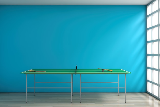 Ping-pong de tênis de mesa com remos contra uma parede azul em branco na sala. renderização 3d