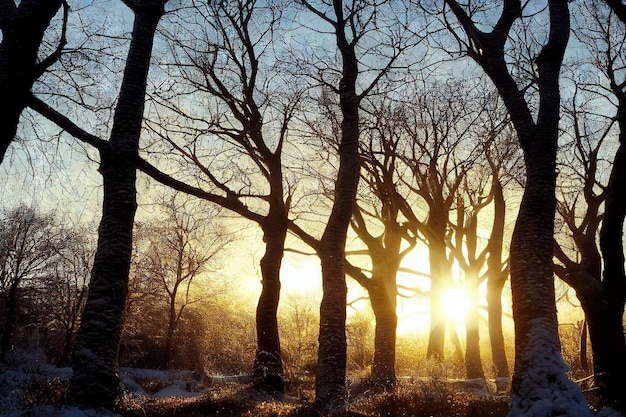 Pingentes de gelo em casa na floresta de inverno à noite contra o fundo do sol