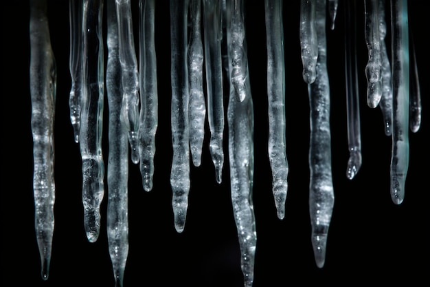 Pingentes de gelo pendurados isolados em fundo preto Fundo de inverno Tempo Clima Gelo Cortado