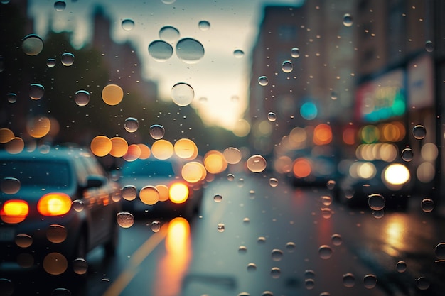 Pingos de chuva borrados da cidade na estrada de vidro
