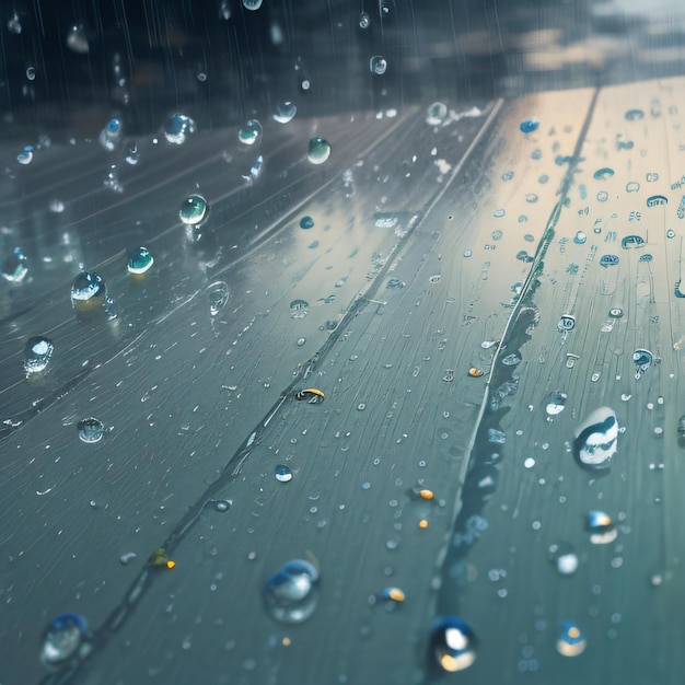 Pingos de chuva em um deck de madeira com uma flor amarela no meio.