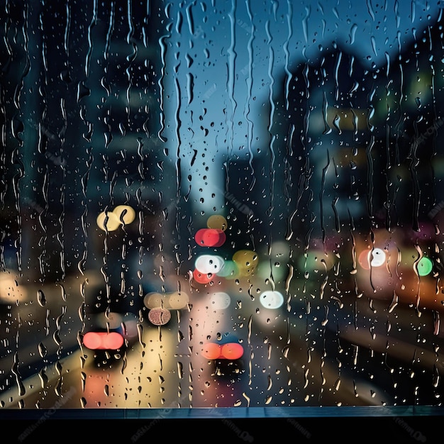 pingos de chuva em uma cidade de vidro de janela e tráfego