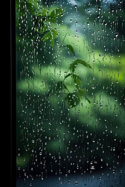 Pingos de chuva em uma janela chuvosa incorporando reflexão e uma sensação de paz