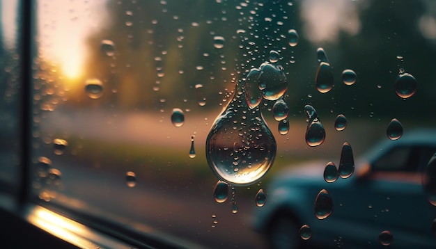 Pingos de chuva em uma janela com um carro ao fundo