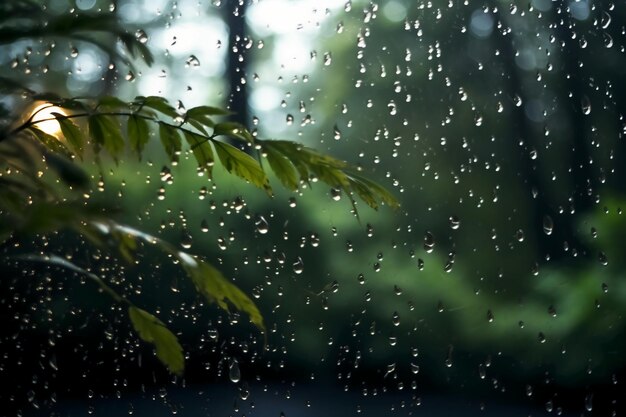 Pingos de chuva em uma janela com um fundo verde