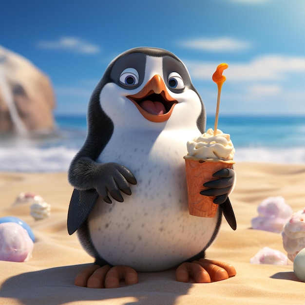 Pinguim a comer gelado na praia.