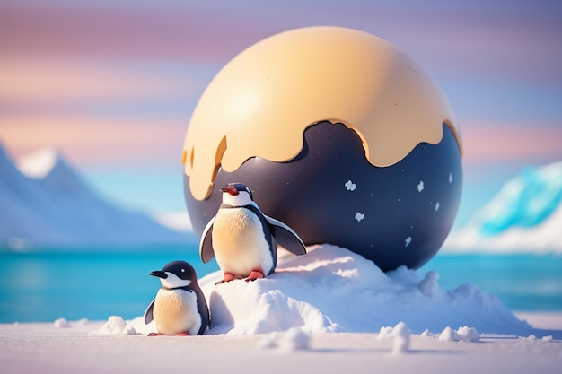 Pinguim animal selvagem da geleira antártica de pé na neve de gelo fundo de papel de parede de desenho animado bonito