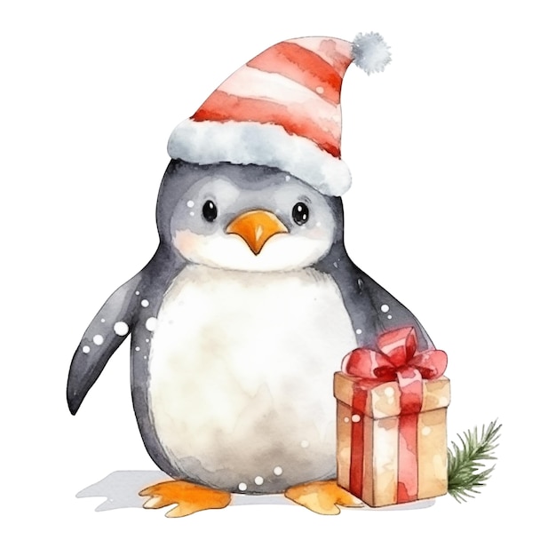 Pinguim aquarela no chapéu de Papai Noel isolado no cartão de Natal branco Generative AI