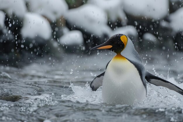 Pinguim atravessando a água na Antártida
