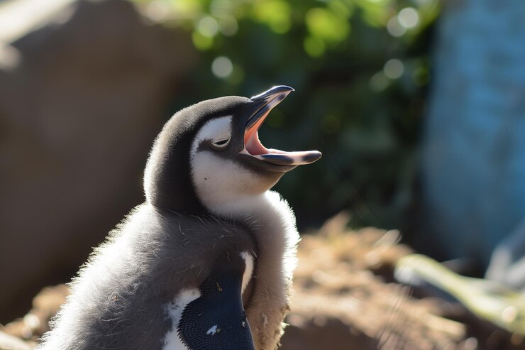 Foto pinguim bebê bocejando sob o sol do meio-dia