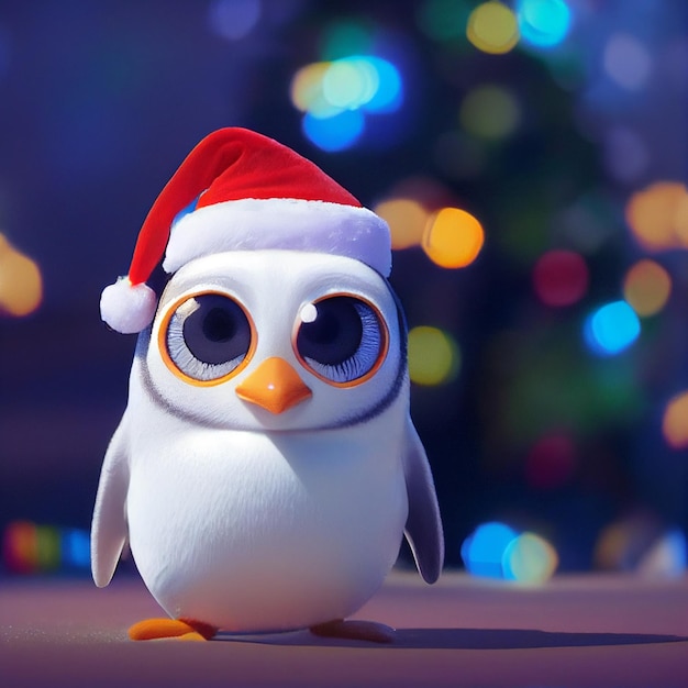 Pinguim bebê fofo com chapéu de Papai Noel e olhos grandes estilo de desenho animado de renderização 3D