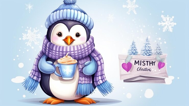 Foto pinguim bonito com uma chávena de bebida quente no inverno tricotado plaid