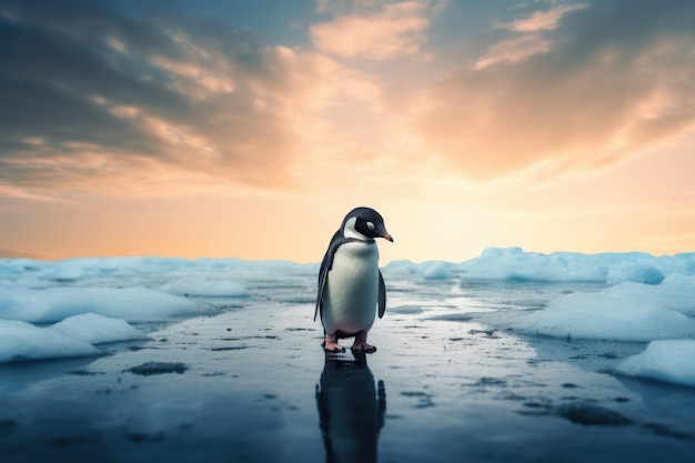 Pinguim caminhando sobre um bloco de gelo com o pôr do sol no fundo Um pinguim solitário em um bloco de gelo derretendo representando a mudança climática e o aquecimento global AI Gerado